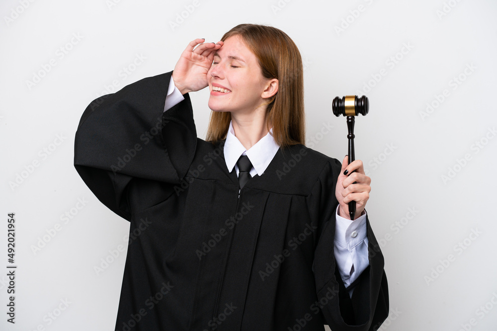 Judge English woman isolated on white background smiling a lot