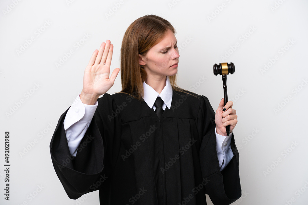 Judge English woman isolated on white background making stop gesture and disappointed Judge English woman isolated on white background making stop gesture and disappointed