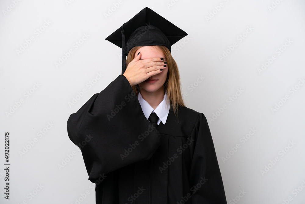 Young university graduate English woman isolated on white background covering eyes by hands. Do not want to see something Young university graduate English woman isolated on white background covering eyes by hands. Do not want to see something