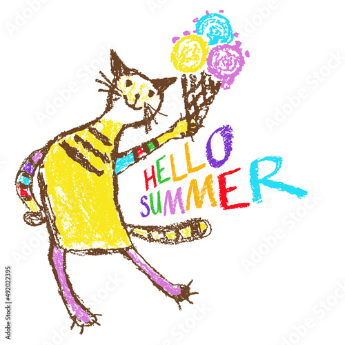 Funny tabby doodle cat in dress and ice cream. Cartoon crayon like child`s hand drawn cute smiling dancing kitten. Pastel chalk or pencil kids line art stroke. Vector artistic simple pet. Hello summer