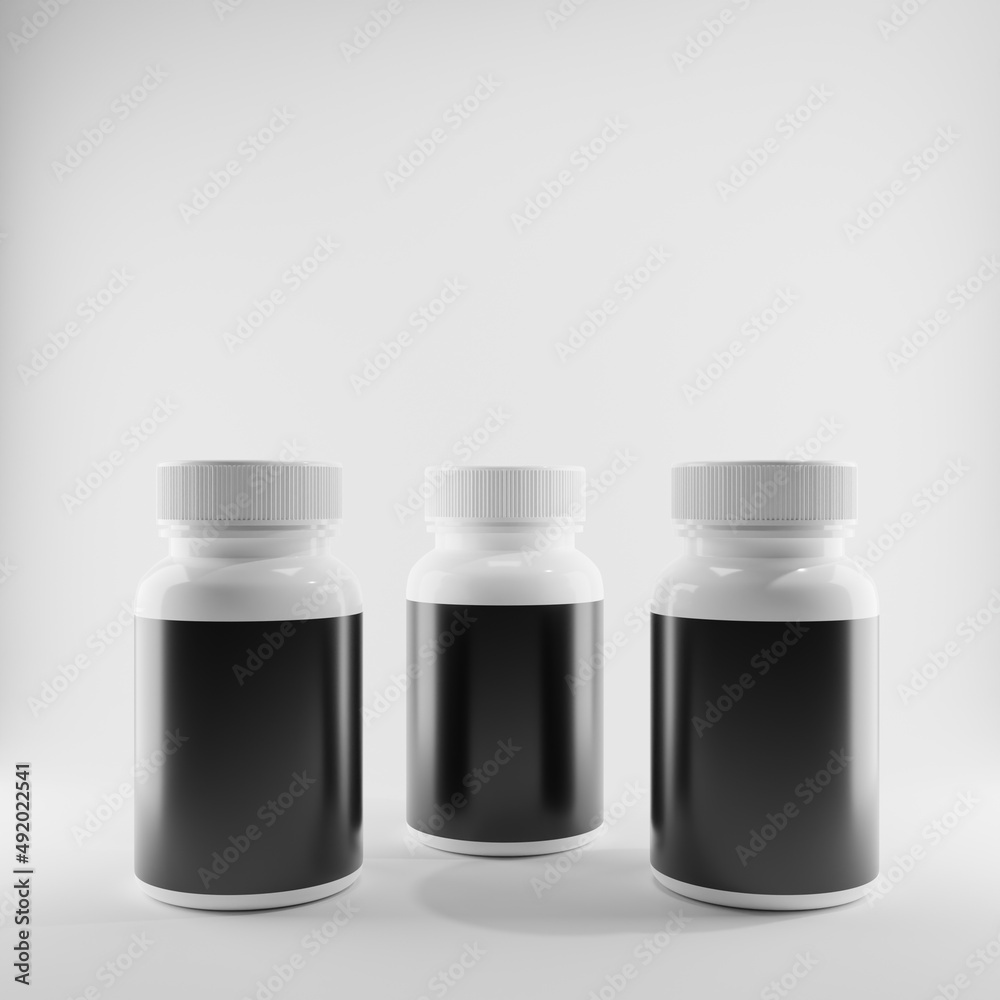 three white medicine bottles plastic with blank label a font view 3d render three white medicine bottles plastic with blank label a font view 3d render