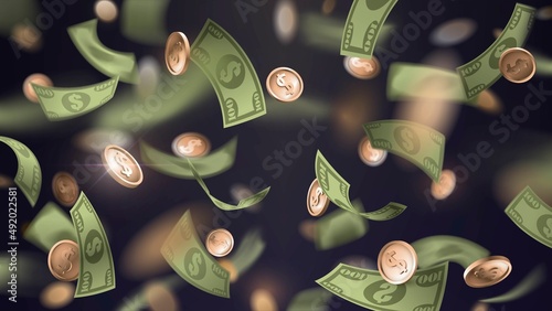Falling one hundred dollar bills and golden coins with blur effect