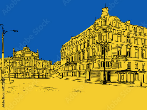 Old Odessa square landscape. Ukraine Flag Pray. Pray for Ukraine. Save Ukraine from Russia. Hand drawn line sketch. Yellow and Blue Colors Background.