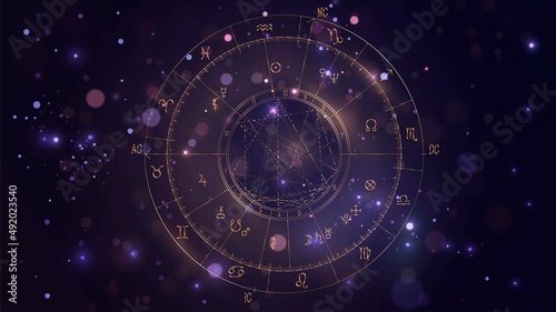 Golden scheme of the natal chart on the background of the starry sky photo
