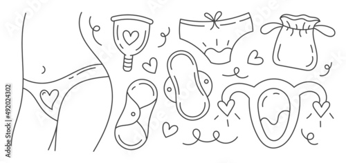 Menstruation theme. Period. Various feminine hygiene products. Zero waste objects. Panties, pads, cups. Menstrual protection, feminine hygiene. Hand drawn vector illustration. Isolated on white