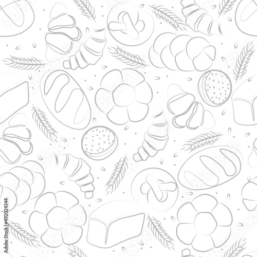 Trendy vector pattern for bakery or cafe.Illustrations of buns,bread, baguette,and other pastries for packaging,labels,or signage.Line Art illustration of food for banner, flyer or menu