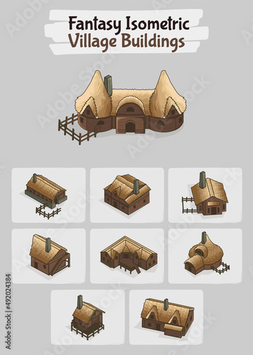Isometric  Village Buildings Fantasy game assets - Vector Illustration