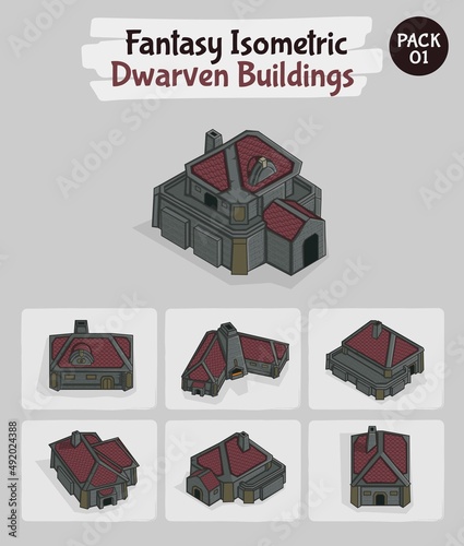 Isometric  Dwarven Buildings Fantasy game assets - Vector Illustration
