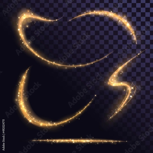 Glittering golden curved lines and waves, glowing magical traces