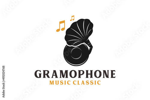 Vintage Classic Gramophone Music Vinyl CD Record with Victorian Man Hat logo design