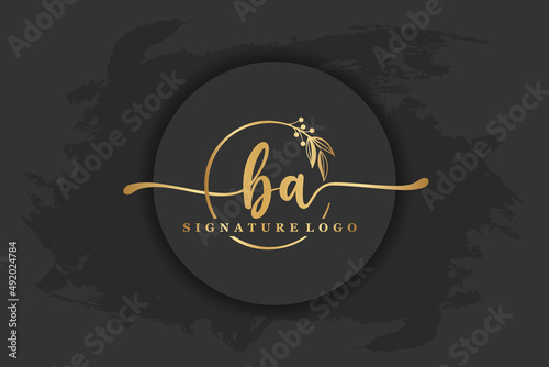 golden signature logo for initial letter ba. Handwriting vector illustration image photo