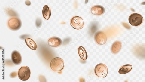 Falling gold coins with blur effect on transparent background
