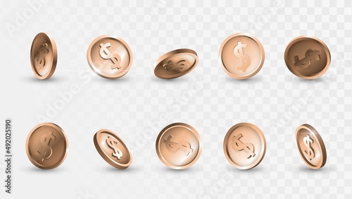 Set of golden coins with dollar symbol