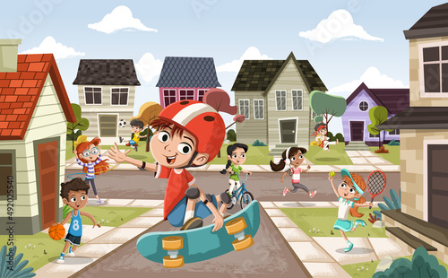 Cartoon kids playing various sports in suburb neighborhood. Children playing.

