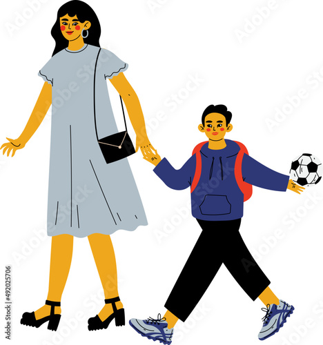 Young Mother with Boy Pupil and Backpack Going to School Engaged in Education