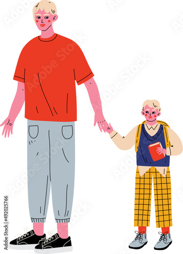 Young Father with Boy Pupil and Backpack Going to School Engaged in Education
