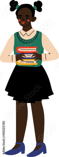 Cute African American Girl Pupil Standing with Pile of Books Engaged in Education