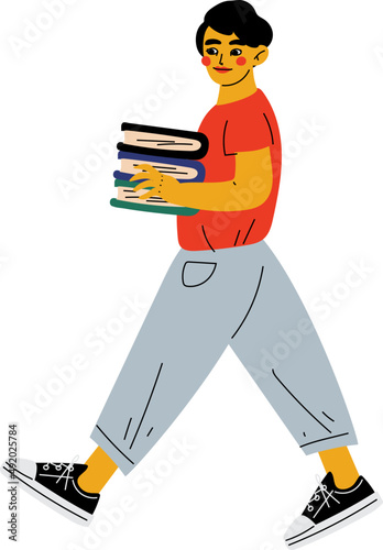 Cute Boy Pupil with Pile of Books Going to School Engaged in Education