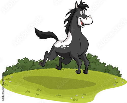 Cartoon horse running on grass field. Horse galloping.
