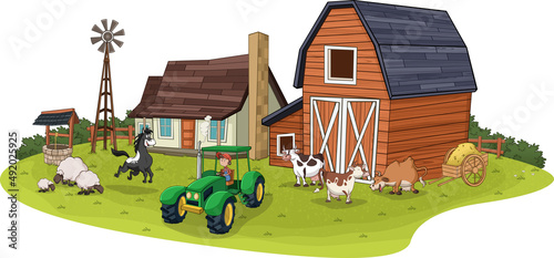 Cartoon farm with animals and farmer on tractor. Farm background.

