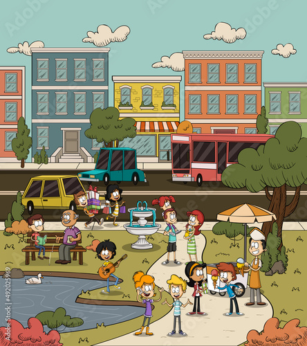 Cartoon people in a green park. City landscape.

