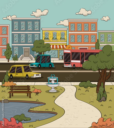 Cartoon city landscape with a green park. 
