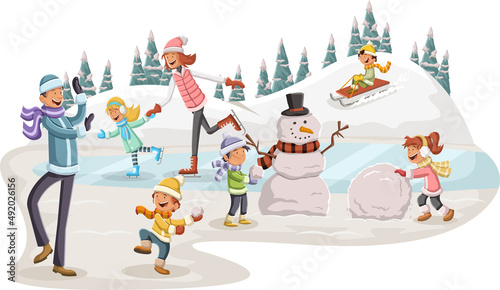 Cartoon people having fun in the park with snow. Winter nature landscape holiday.
