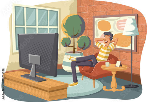 Cartoon man watching tv in the living room
