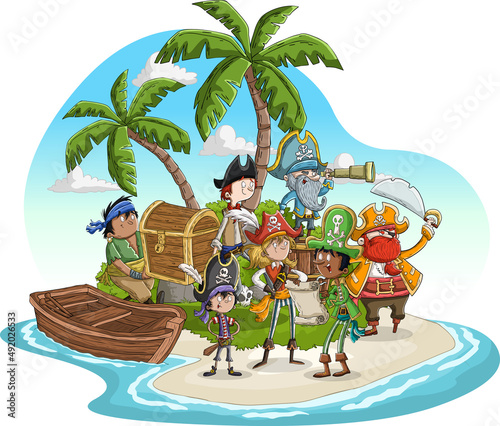 Group of cartoon pirates on a beautiful tropical beach

