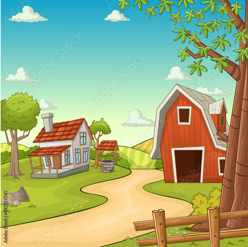 Cartoon colorful farm with barn ,house and crops
