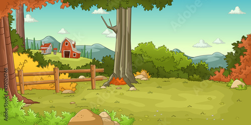 Cartoon colorful forest with a farm on the background
