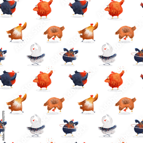 Seamless pattern design with funny colorful chicken. Party invitation.