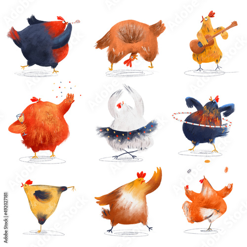 Funny chicken make party. Cute cartoon characters.