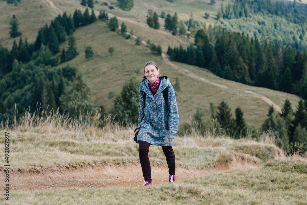 Woman tourist walking in The Carpathians