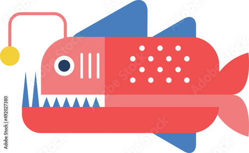 Bright Angler Fish as Seafood and Aquatic Species Depicted in Flat Style