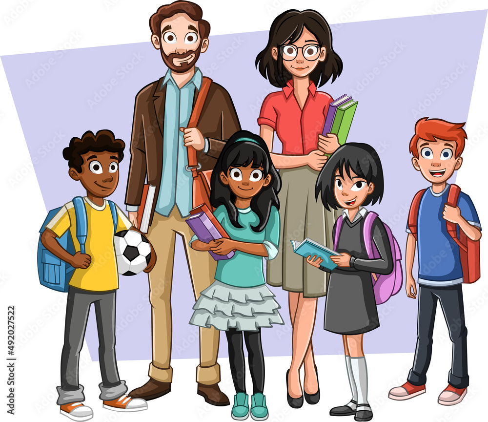 Obraz premium Cartoon teenager students with teachers. Students carrying books and backpack.