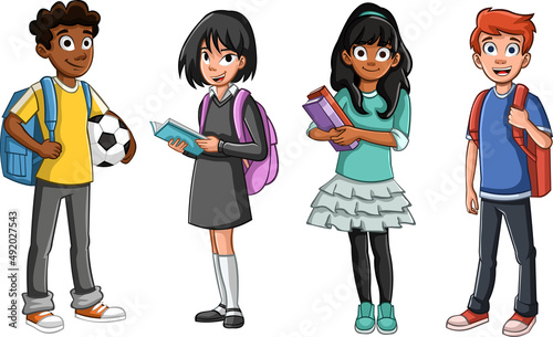 Cartoon teenager students carrying books and backpack.

