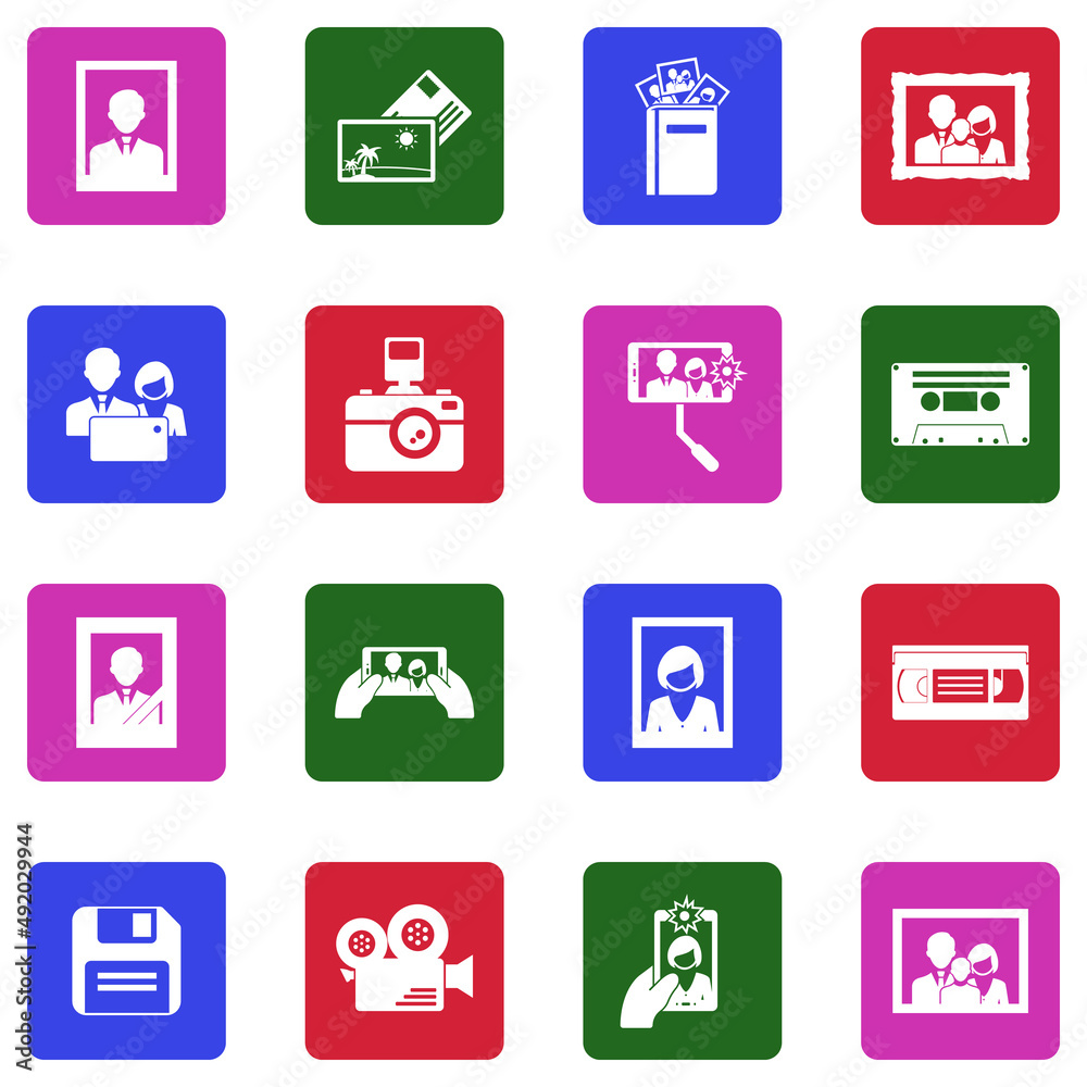 Memories Icons. White Flat Design In Square. Vector Illustration.