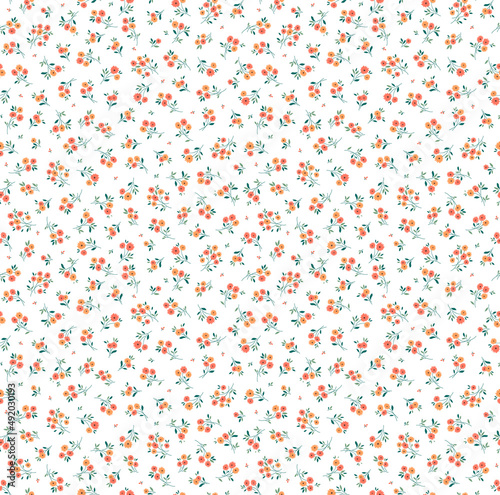 Vintage floral background. Floral pattern with small orange on a white background. Seamless pattern for design and fashion prints. Ditsy style. Stock vector illustration.