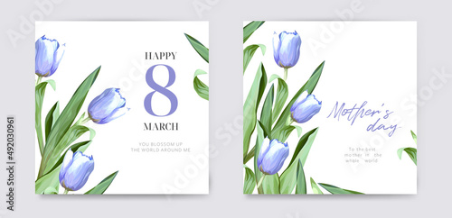 Tender Mother's Day, 8 march woman's day vector, editable cute greeting card, poster, banner. Watercolor purple tulip flowers, green leaf bouquet floral frame. Spring, stylish template set, collection