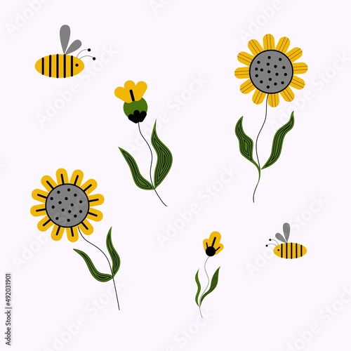 The collection of stylized sunflowers and bees in graphic style. Vector flat illustration for content, banner, sticker label, children, greeting card. Symbol of Ukraine.