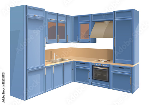 Blue kitchen isolated on white