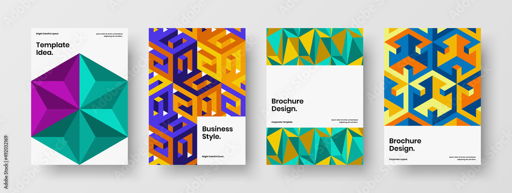 Clean geometric shapes front page concept set. Abstract handbill A4 design vector template composition.