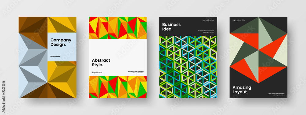 Bright mosaic pattern front page concept bundle. Abstract company brochure vector design layout composition.