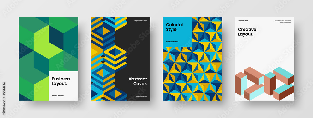 Fresh banner A4 design vector template set. Premium mosaic hexagons book cover layout collection.