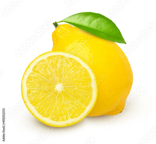 lemon fruit and slice with leaves isolated on white background, Fresh and Juicy Lemon