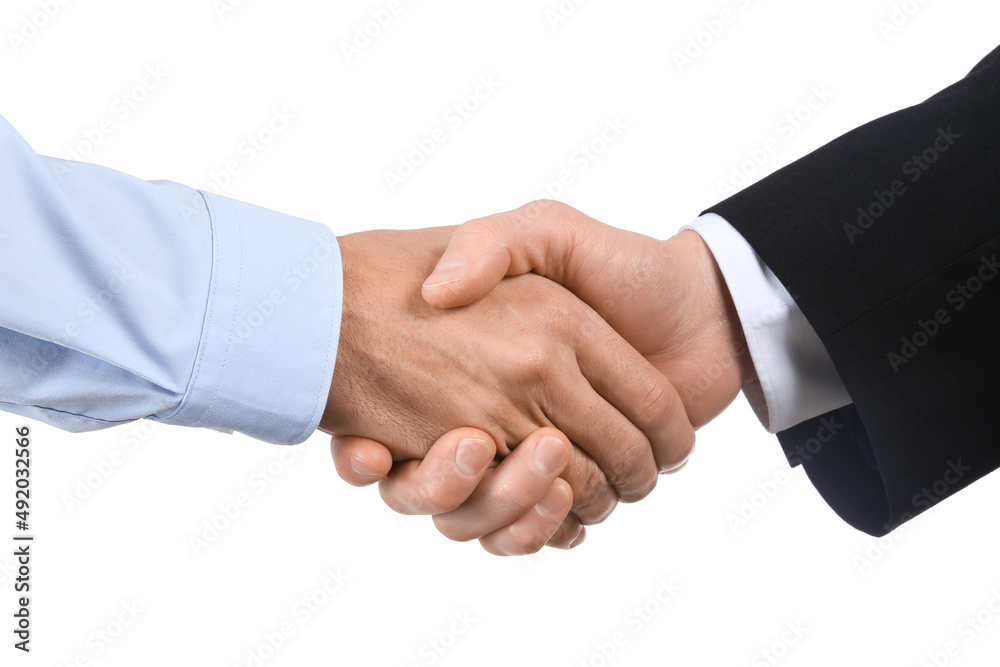 Business partners shaking hands on white background Business partners shaking hands on white background