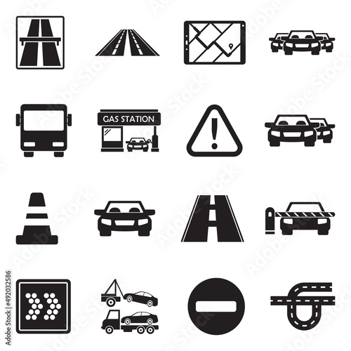 Highway Icons. Black Flat Design. Vector Illustration.