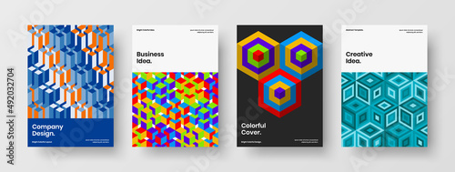 Vivid mosaic shapes corporate identity illustration collection. Multicolored journal cover A4 vector design template set.