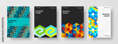Colorful geometric pattern poster illustration collection. Original corporate cover vector design template bundle.